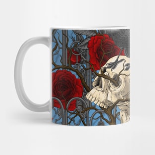 Raven's secret. Dark and moody gothic illustration with human skulls and roses Mug